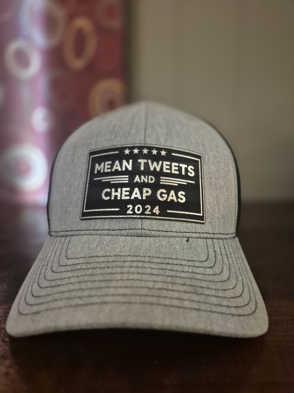 Gray 'Mean Tweets and Cheap Gas 2024' Patch Front Trucker Hat Baseball Cap